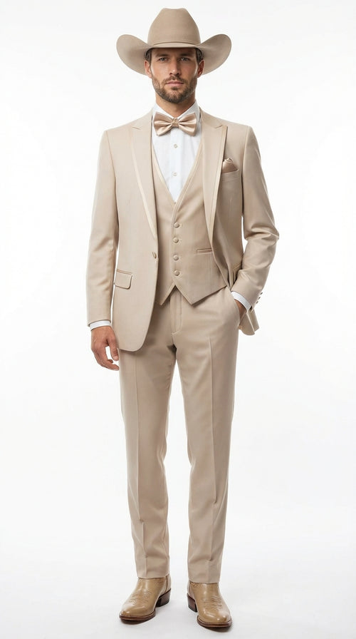 Mens Beige Tan Khaki CowboyTuxedo Suit – Western Formal Three Piece Suit with Jacket Vest and Pants