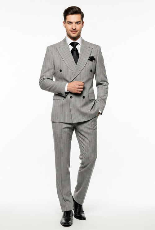 Alberto Nardoni men's double-breasted suit. Grey and black pinstripe. Features a tailored blazer with wide lapel and matching fitted trousers. Structured, formal look.