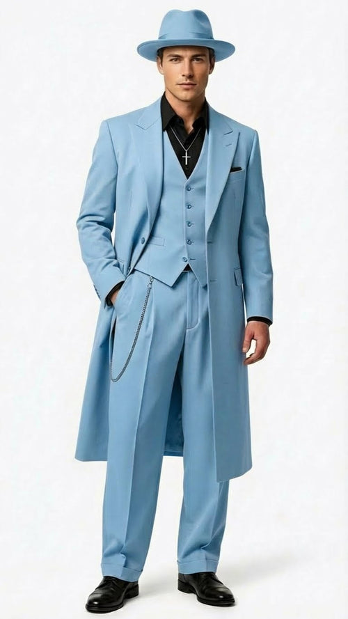 Men's light blue zoot suit: long coat, wide lapels, matching vest, tapered trousers. Smooth, lightweight fabric. Includes hat and chain. Uniform color, no patterns.