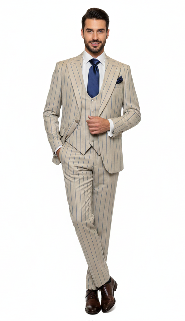 Men's beige three-piece suit: light fabric, blue pinstripes. Includes tailored jacket, vest, and trousers. Well-fitted, elegant design for a sophisticated look.