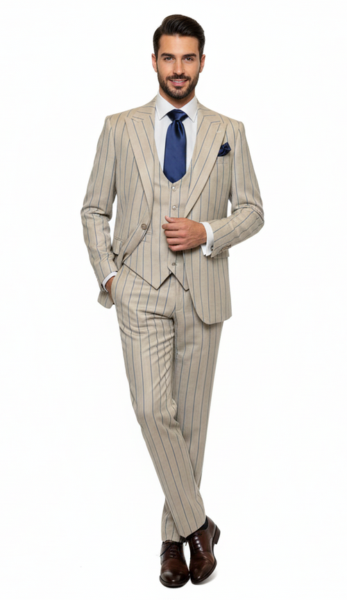 Men's beige three-piece suit: light fabric, blue pinstripes. Includes tailored jacket, vest, and trousers. Well-fitted, elegant design for a sophisticated look.