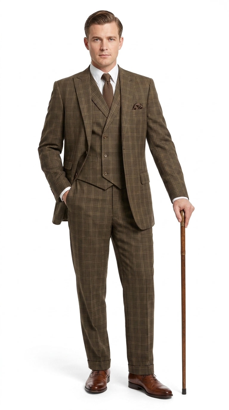 Men’s 1930s Brown Plaid 3 Piece Suit, Vintage Formal Wedding Business Dress Suit Set