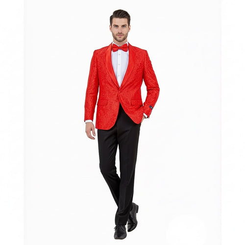 Big & tall men's red paisley tuxedo jacket with satin shawl lapel. Includes matching bow tie & white dress shirt. Stylish & formal wear for a statement.