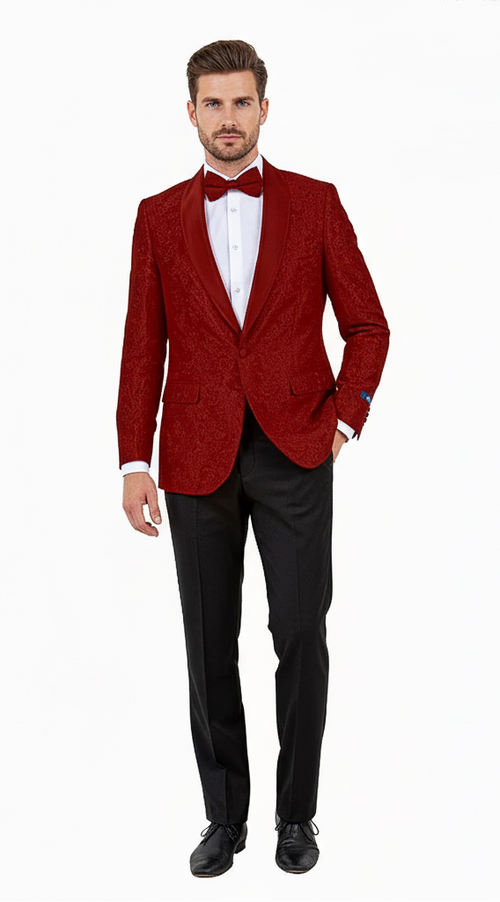 Big and tall men’s burgundy paisley tuxedo jacket features a structured silhouette with a satin shawl collar and dual front pockets, adorned with a paisley pattern in burgundy tones.