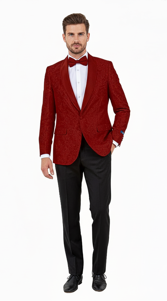 Big and tall men’s burgundy paisley tuxedo jacket features a structured silhouette with a satin shawl collar and dual front pockets, adorned with a paisley pattern in burgundy tones.