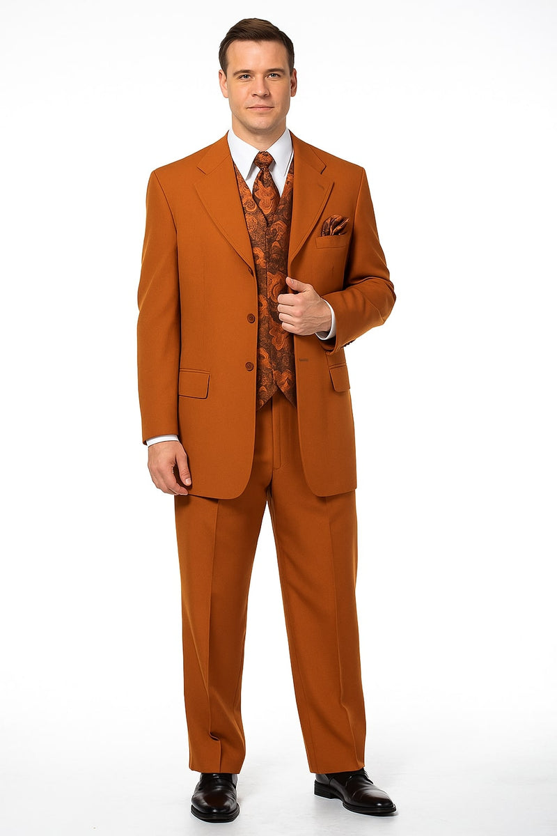 Alberto Nardoni men's rust three-piece suit. Single-breasted jacket, notched lapels, flat-front trousers, and patterned vest. Smooth, rich rust fabric.