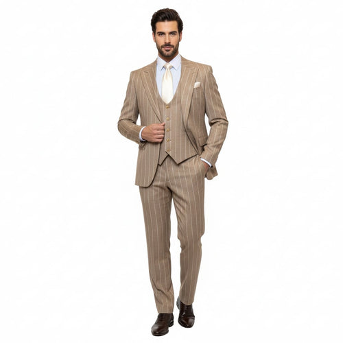 Beige pinstripe three-piece suit. Tailored fit with single-breasted jacket, vest, and trousers. Subtle sheen, vertical stripes, and a straight-cut silhouette. Lightweight, soft yet durable material.