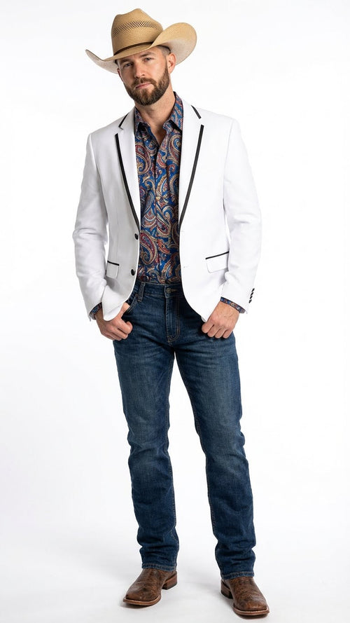 Men’s White Western Blazer with Black Trim – Classic Cowboy Style