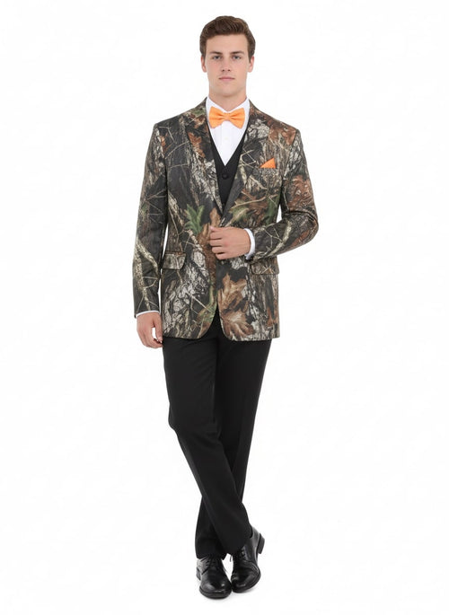 Camouflage men's suit jacket (browns, greens, cream). Classic notch lapel, tailored fit. Paired with black dress pants. Orange bow tie & pocket square for color.