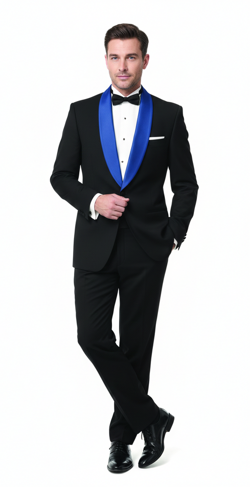 Men's black tuxedo with royal blue shawl lapel and matching pants. Features fitted silhouette, structured shoulders. Includes white dress shirt and black bow tie for a classic look.