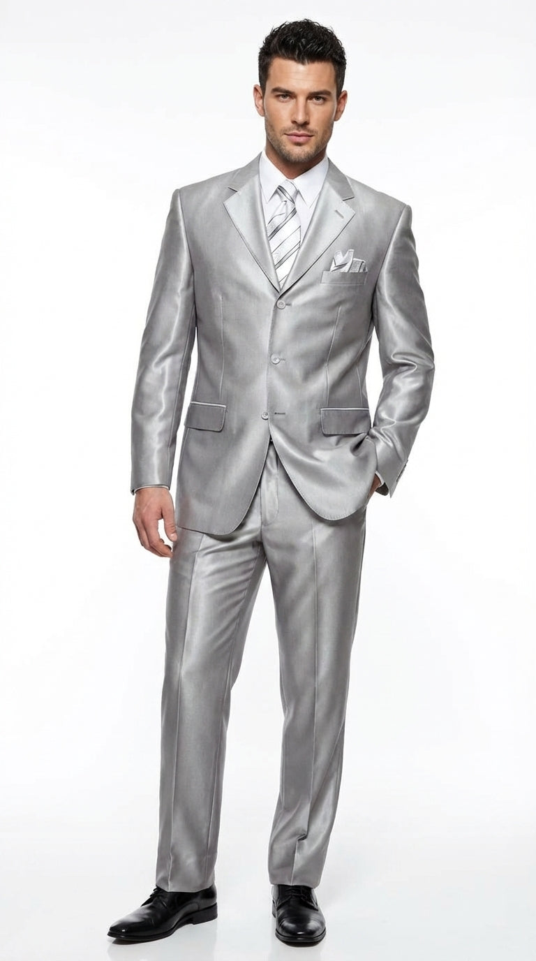 Men’s Silver Grey Sharkskin Suit – 3 Button Classic Fit Shiny Formal Suit for Wedding, Business and Party Wear