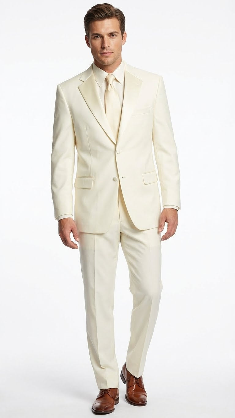 Ivory tuxedo suit with satin notch lapel & tailored fit. Features structured shoulders, matte finish fabric, matching waistcoat, & tapered trousers. Includes front pockets & single-button closure.