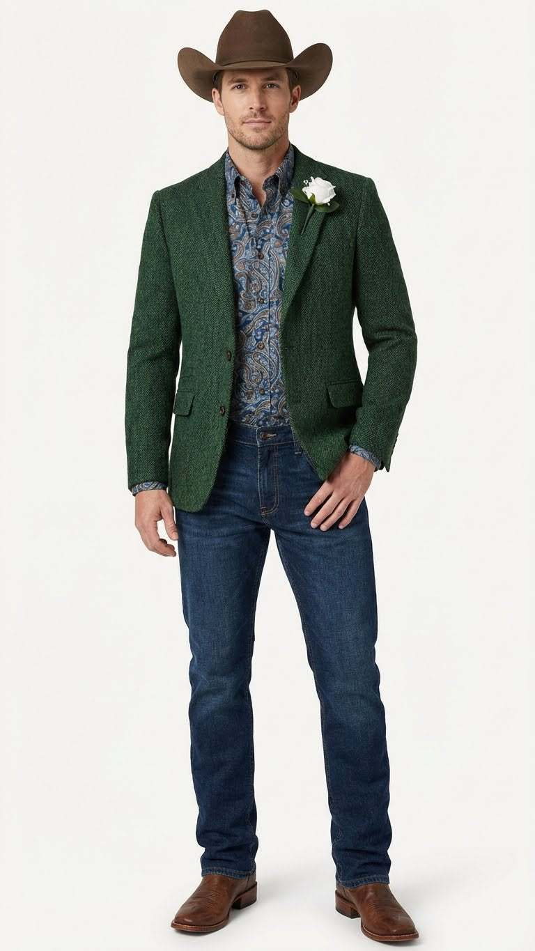 Mens Green Western Blazer Jacket – Classic Cowboy Style Sport Coat for Tweed Herringbone Country Look