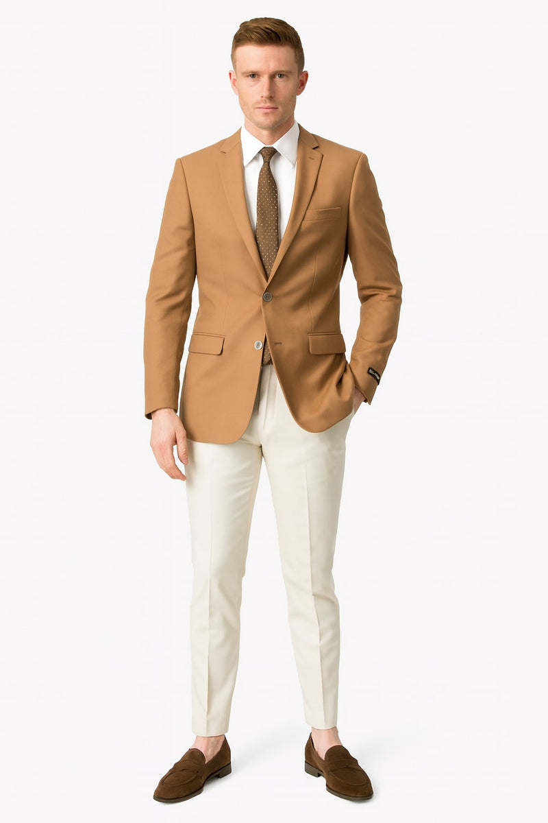 Men's camel brown sport coat. Two-button closure, classic fit. Smooth fabric, modern design. Features two front pockets.