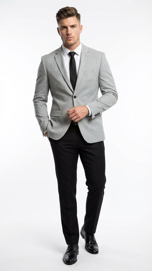 Men’s Light Grey Slim Fit Blazer Sport Coat with Black Pants | Premium Formal and Smart Casual Outfit