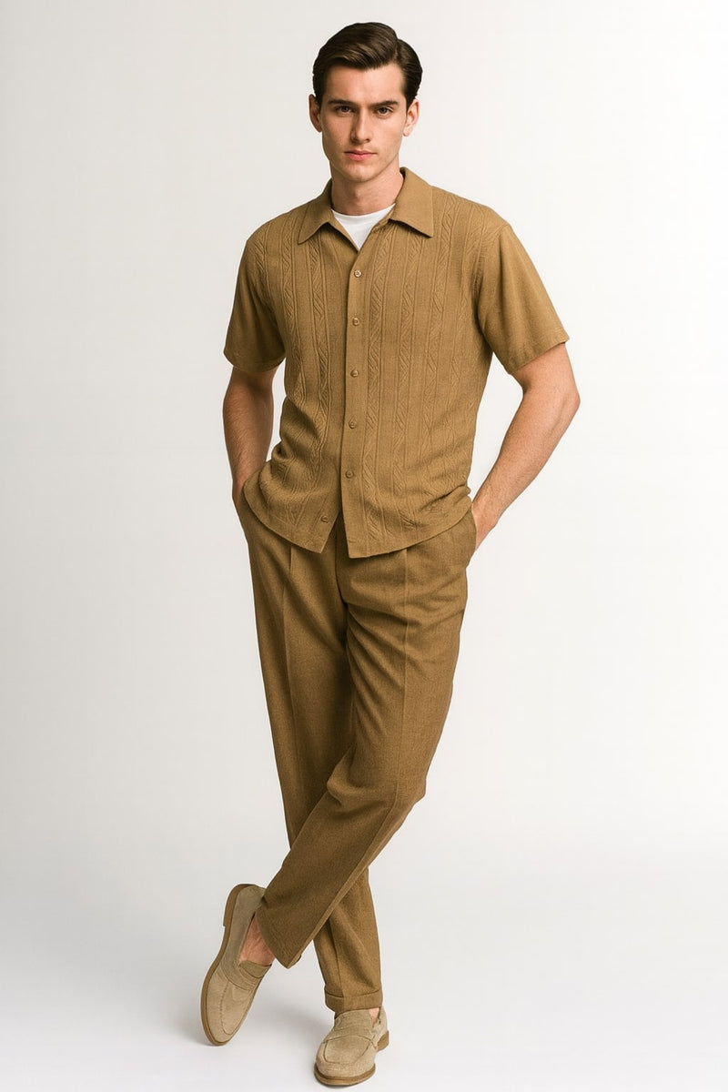Men's mocha brown walking suit: short-sleeve button-down shirt with cable knit texture & collar, plus tailored straight-leg pants. Soft, lightweight material.