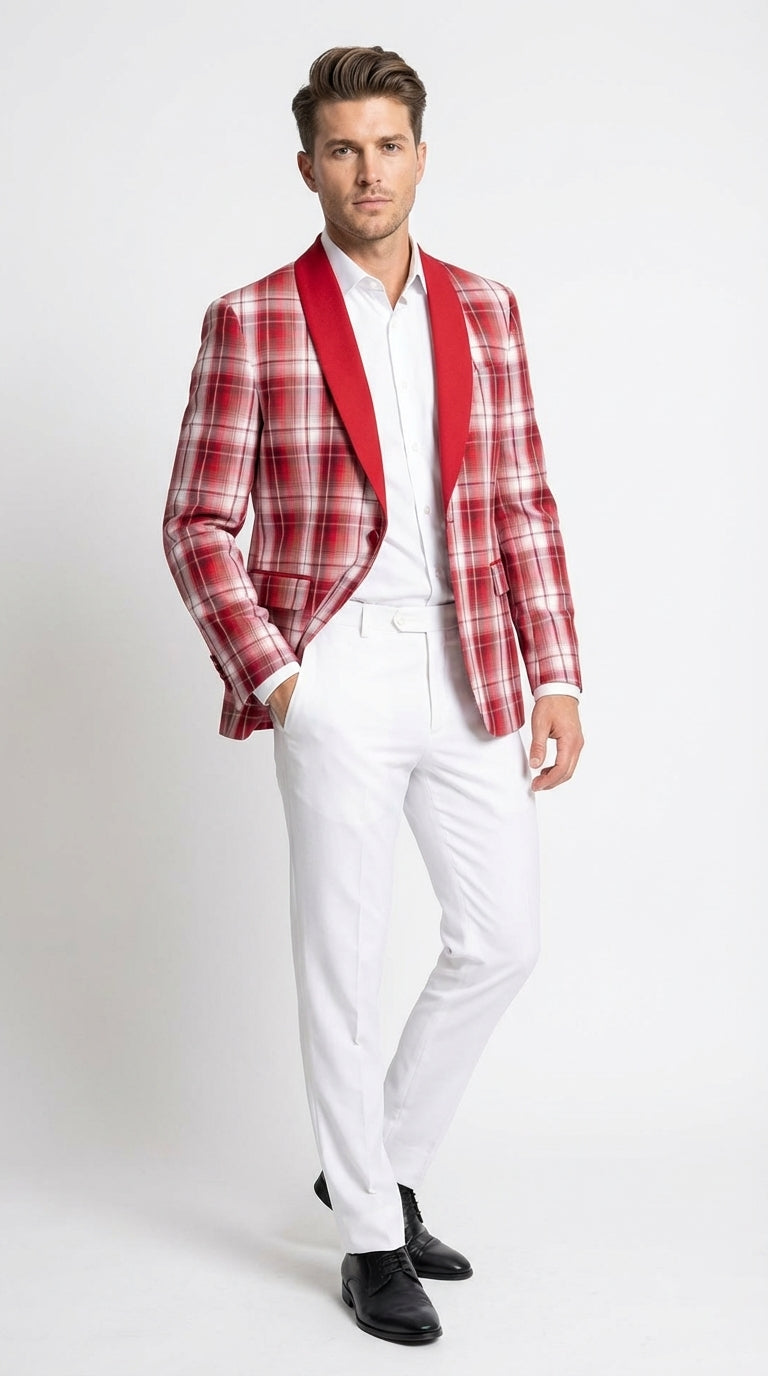 Mens Tartan Red and White Plaid Blazer – Check Pattern Sport Coat