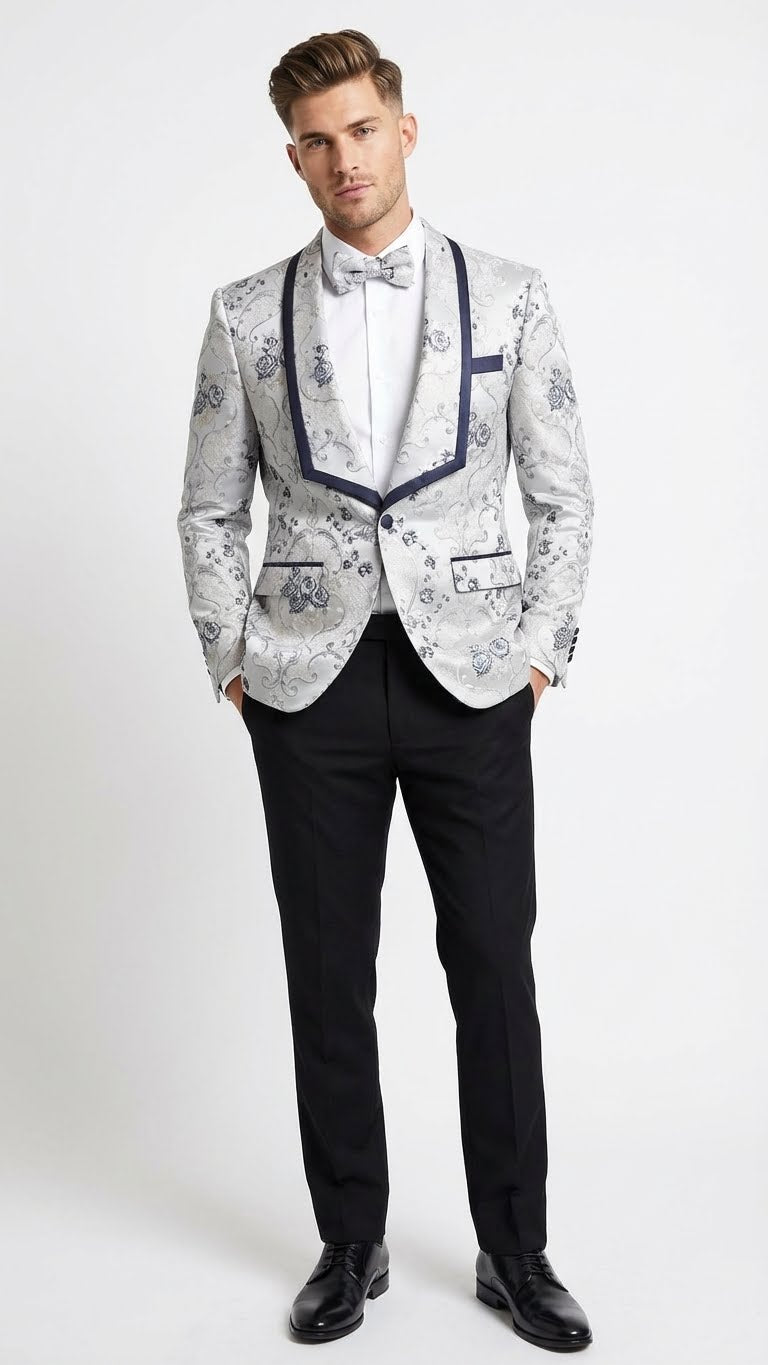 Men's floral jacquard blazer: white & navy blue. Features contrast shawl lapel & structured fit. Patterned fabric with floral motifs. Stylish and sophisticated.