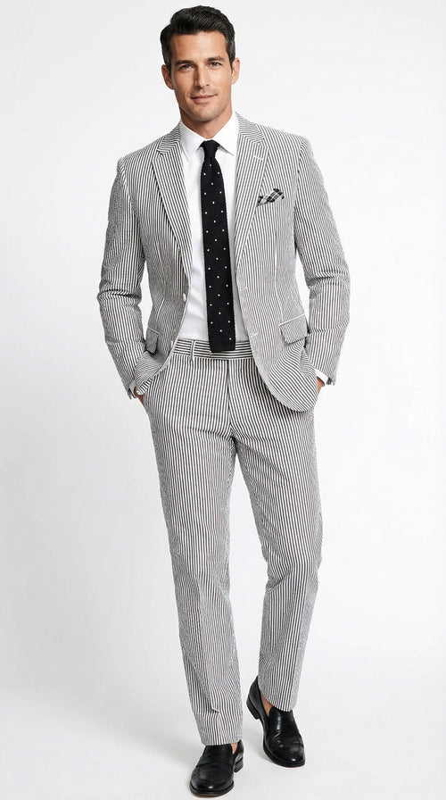 Men’s White and Black Seersucker Suit – Classic Lightweight Striped Summer Suit for Weddings and Formal Events