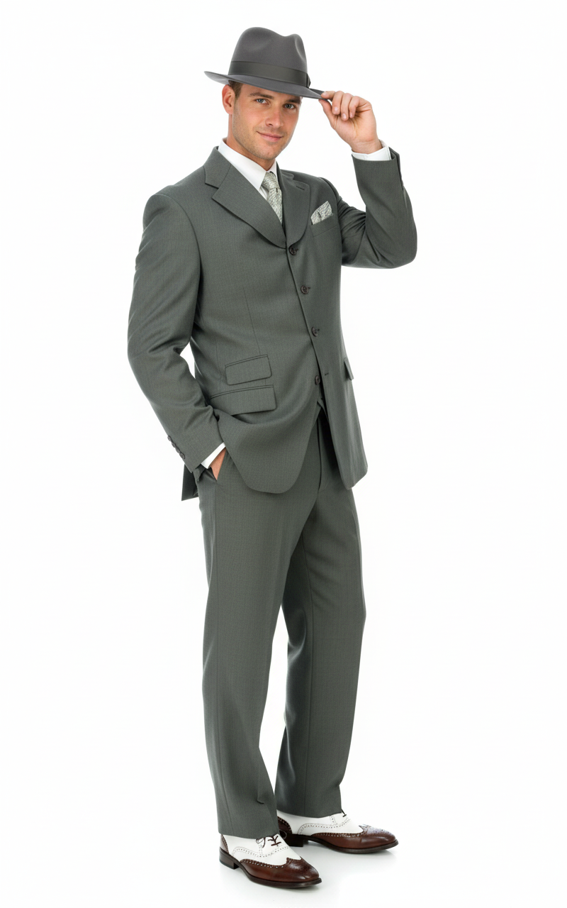 Men’s 1920s Gray Zoot Suit – 4 Buttons Gangster Wide Lapel Long Jacket 3-Piece Suit in Grey Color Classic Fit Pleated Pants