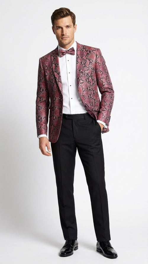Alberto Nardoni men's blazer: burgundy/black snakeskin print, tailored fit, peak lapel, two pockets. Textured appearance. Worn with white shirt, black trousers for a formal look.