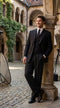 Tiglio Rosso Men’s Black Super 150’s Italian Wool 3-Piece Suit – Double-Breasted Jacket, Vest and Wide-Leg Pleated Pants