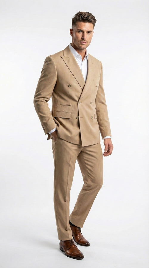 A men's beige double-breasted suit features a tailored fit with two rows of buttons on the front, a notched lapel, and side pockets. The suit is made from a smooth fabric and paired with matching trousers.