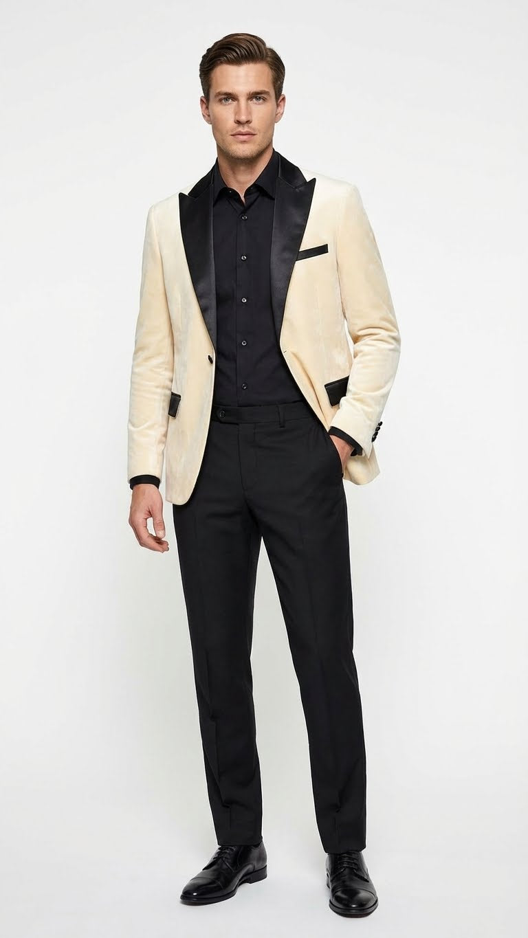 Men's ivory dinner jacket. Cream velvet, black satin lapel & accents. Tailored fit, side pockets.