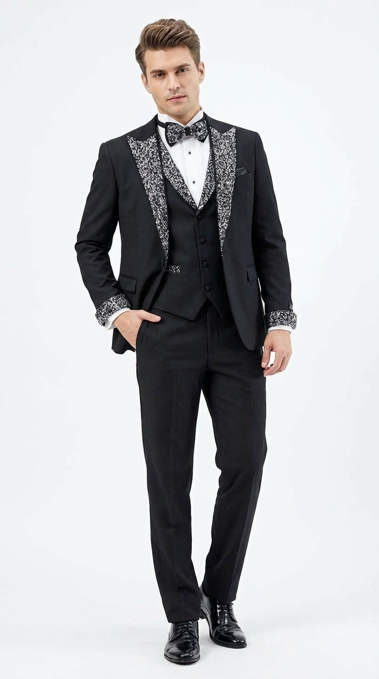 Mens Black and White Lapel Tuxedo Suit – Black Formal Tuxedo with White Pattern Lapel for Wedding, Prom and Evening Events