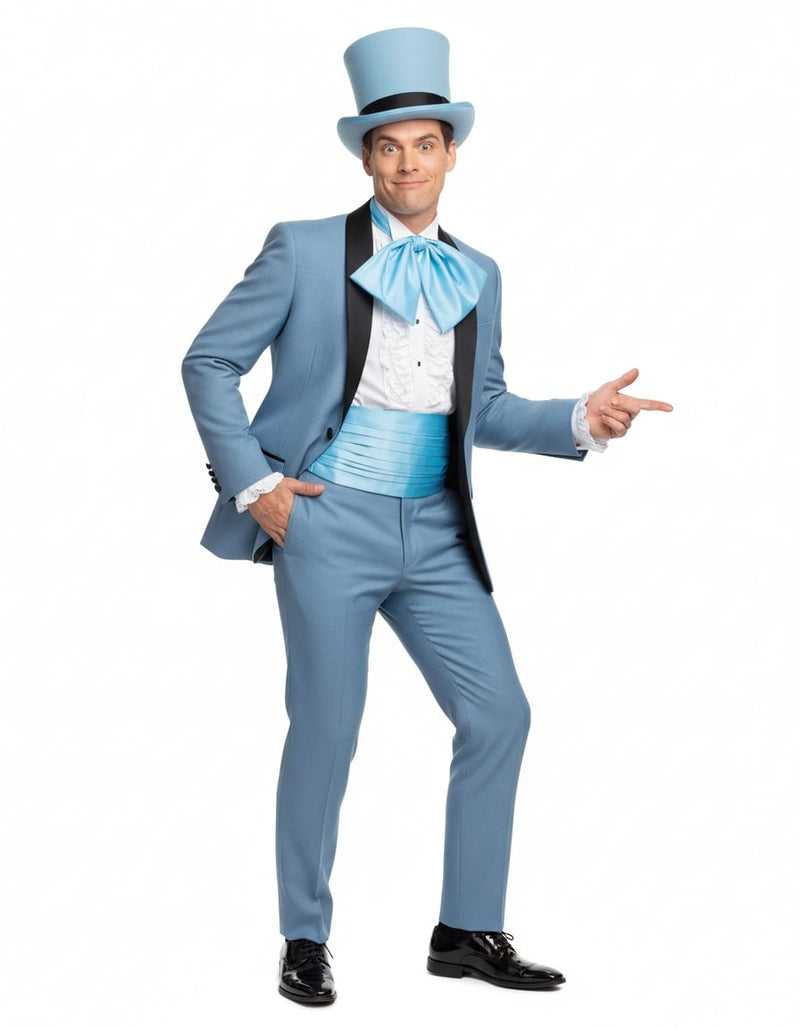 Light blue tuxedo costume with black lapel, matching top hat. Includes white ruffled shirt and blue bow tie. Features fitted light blue trousers. Structured, tailored design.