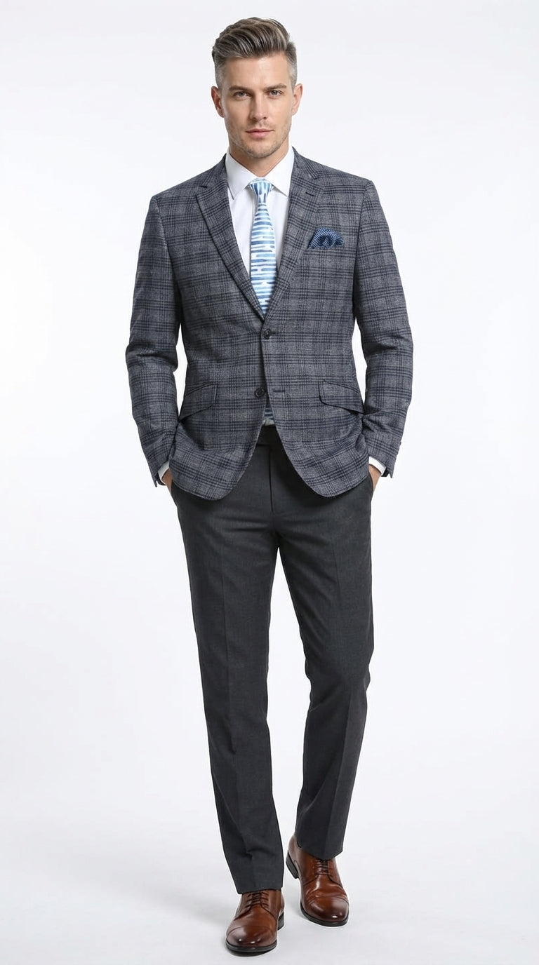 Mens Charcoal Gray with Blue Plaid Pattern Blazer Jacket – Classic Check Pattern Sport Coat for Business, Office, and Smart Casual Wear