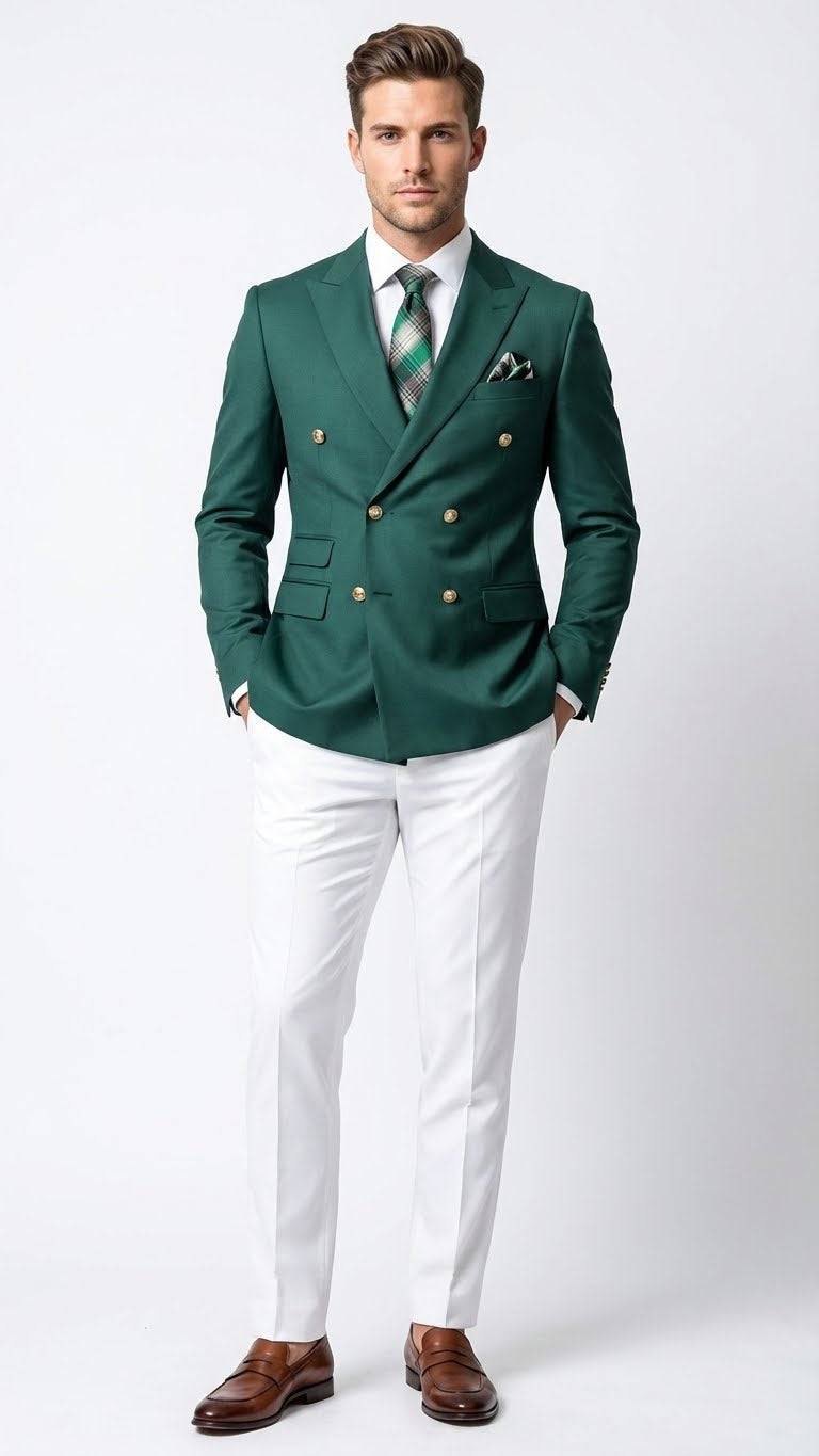 Men's dark green double-breasted blazer featuring a tailored fit. It is constructed from a smooth fabric with a slight sheen. The blazer has two rows of gold buttons and includes two front pockets.