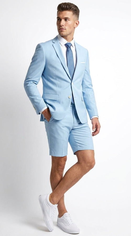 Men’s Light Blue Suit with Shorts – Casual Summer Blazer and Shorts Set for Wedding, Party and Smart Casual Wear