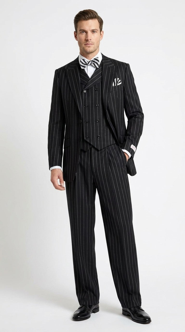 Men’s Black Pinstripe 3-Piece Suit Wool Suit – Classic Fit Single Button Suit with Wide Leg Pleated Pants By Tiglio Russo