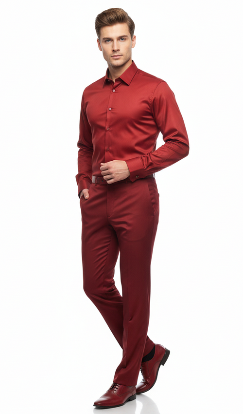 Men's red satin dress shirt. Long sleeves, classic collar, and button closure. Smooth, shiny fabric for light reflection.