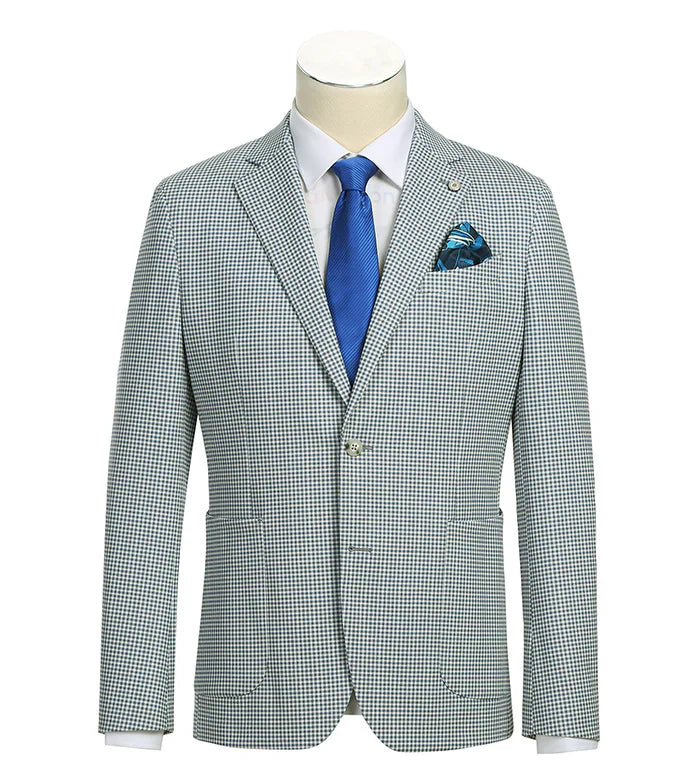 Sage blue check slim blazer. Half canvas, structured fit with notched lapels. Features a checkered pattern, two-button closure, and front pockets. Lightweight, smooth finish, tailored style. Decorative pocket square.