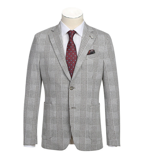 Slim fit, half-canvas gray plaid blazer. Tailored silhouette, notched lapels, two front pockets, single-button closure. Formal wear, lined interior. Black & white accents.