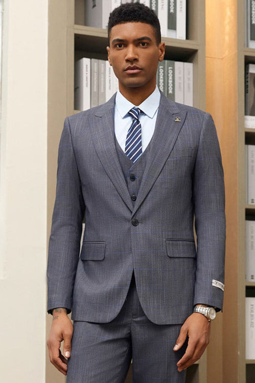 "Mens Stacy Adams Suit - Stacy Adams Suit Men's Grey & Blue Windowpane Plaid Suit - One Button Vested Peak Lapel"