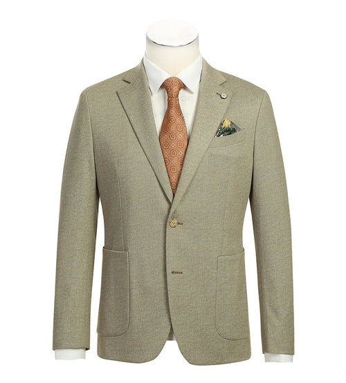 Khaki half-canvas slim-fit blazer. Double-breasted, notched lapels. Textured fabric, subtle pattern. Two front pockets, single-button closure. Paired with a white shirt and orange tie. Neutral appearance.