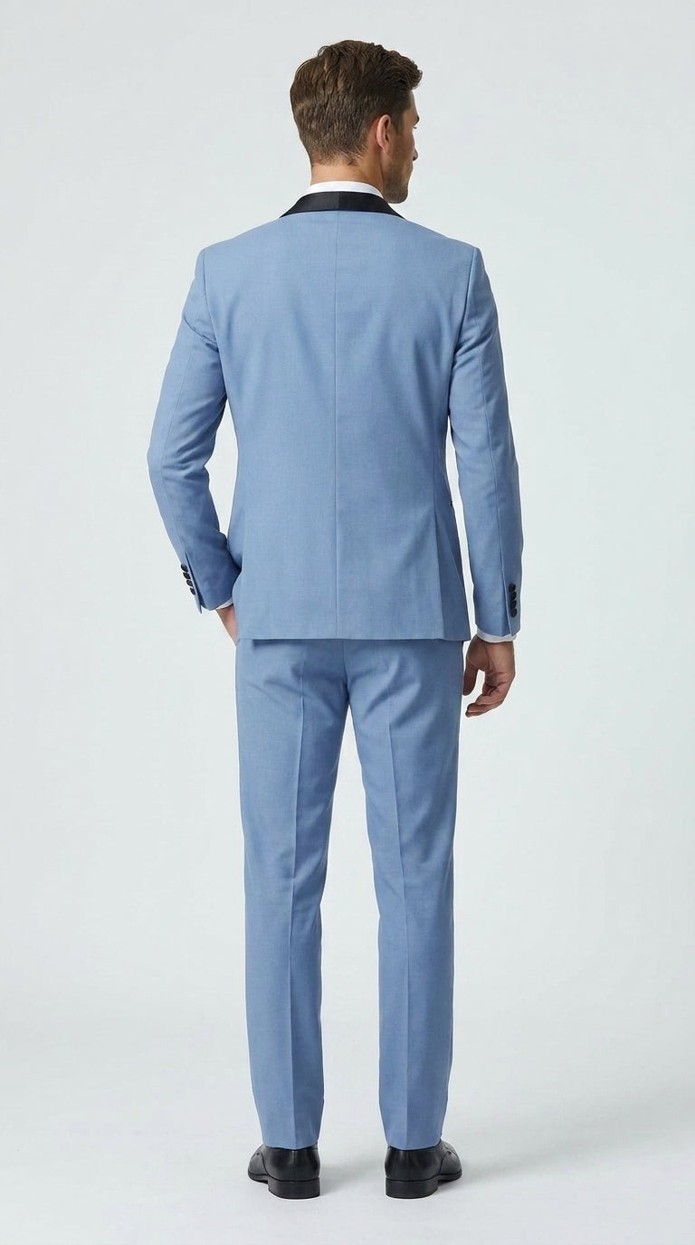 Men’s Powder Blue 3 Piece Tuxedo Suit – Light Blue Shawl Lapel Wedding Prom Suit with Vest