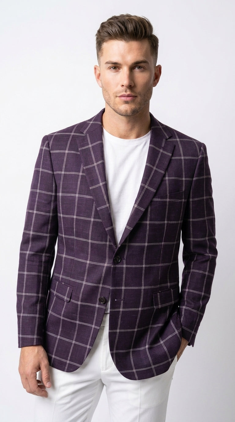 Men's Purple Windowpane Sport Coat ā Classic Fit Plaid Blazer Jacket for Business, Wedding & Casual Wear