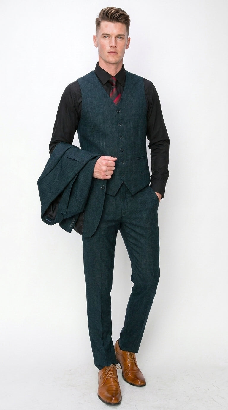 Men’s Teal Green 3 Piece Suit – Modern Two Button Suit with Matching Vest & Pants