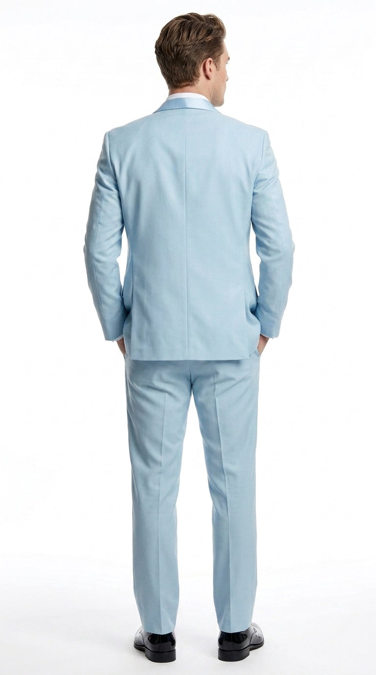Men’s Powder Blue 3-Piece Tuxedo – Light Blue Wedding & Prom Suit with Vest in Light Blue Sky Color