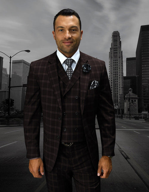 Men's brown plaid double-breasted vest suit. Tailored fit with a classic plaid pattern. Includes vest; pairs well with a plain white shirt.