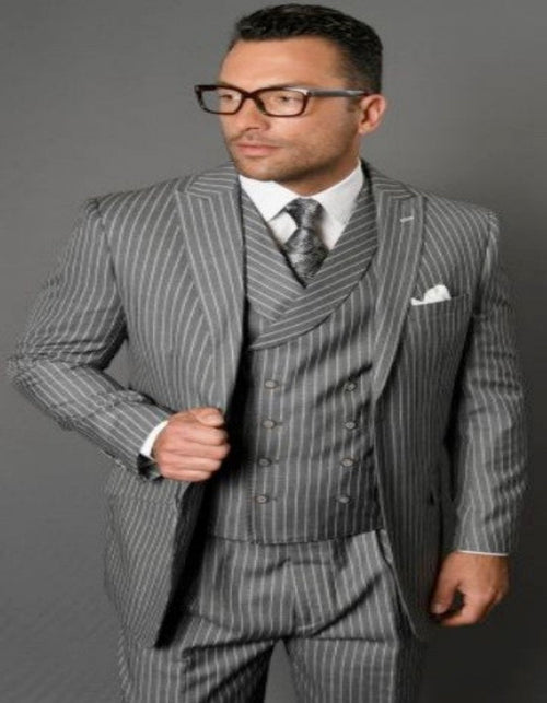 Men's black pinstripe double-breasted vest suit. Fitted design, vertical stripes. Two-button vest, matching trousers. Smooth fabric, tailored structure.