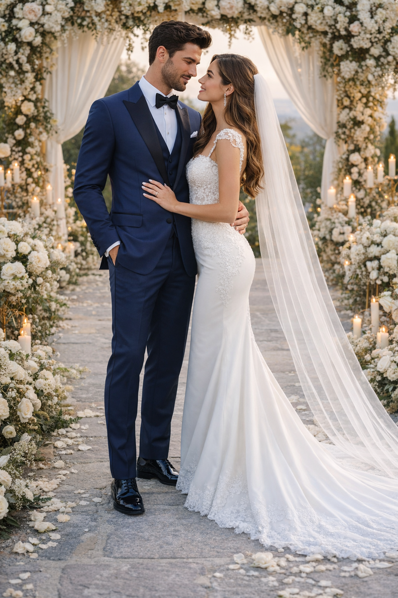Navy blue peak lapel tuxedo inspired by The Great Gatsby. Tailored fit with structured shoulders, smooth fabric. Classic style and elegant design.