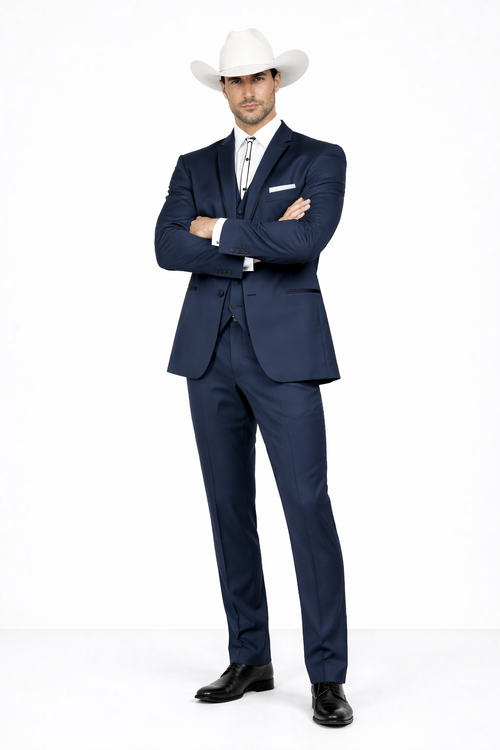 2 Button Vested Satin Trim Lapel Cowboy Tuxedo in Navy