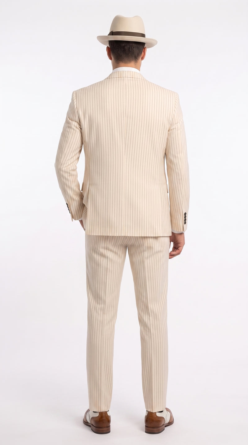 Men’s Ivory Cream Pinstripe 3-Piece Suit – 1920s Gangster Gatsby Wedding and Formal Suit