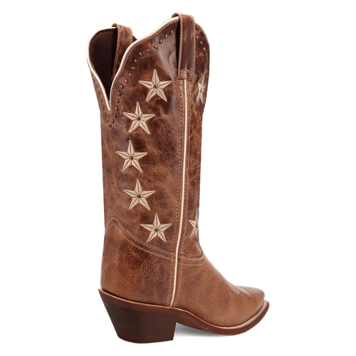 Laredo Women's Serenade Boot: Brown, distressed leather. Embroidered stars and decorative stitching on the shaft. Pointed toe, low stacked heel, and scalloped cutout design.