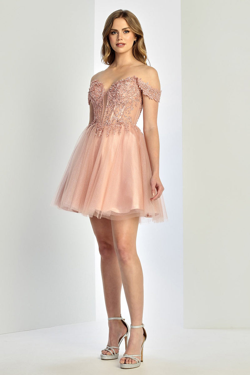 Adora Design 1066 Off-Shoulder Glitter Corset A-Line Mini Dress